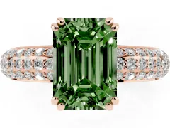 Fancy Green Emerald Cut Diamond Solitaire Ring Set in Rose gold with Multi-Row Round Pavé Band and Prong Setting