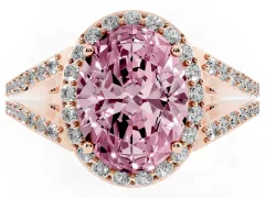 Fancy Pink Oval Cut Diamond Halo Split Shank Pavé Ring Set in Rose gold with Prong Setting