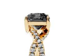 Fancy Black Cushion Cut Diamond Twist Pavé Solitaire Engagement Ring Set in Yellow gold with Prong Setting