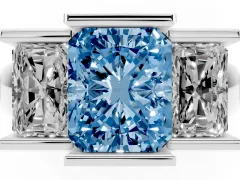 Fancy Blue Radiant Cut Diamond Three-Stone Channel Set Ring Set in Platinum with Smooth Polished Band