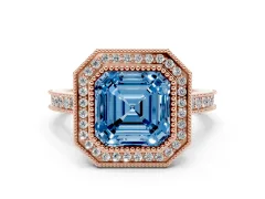 Fancy Blue Asscher Cut Diamond Halo Milgrain Pavé Band Ring Set in Rose gold with Prong Setting