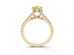 Fancy Yellow Pear Cut Diamond Solitaire Ring Set in Yellow gold with Brilliant Pavé Band and Prong Setting