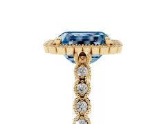 Fancy Blue Radiant Cut Diamond Halo Ring Set in Yellow gold with Pavé Milgrain Band