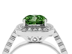 Fancy Green Cushion Cut Diamond Milgrain Halo Solitaire Ring Set in Silver with Bezel Set Side Stones and Pavé Band