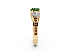 Fancy Green Heart Cut Diamond Three-Stone Ring Set in Yellow gold with Textured Band