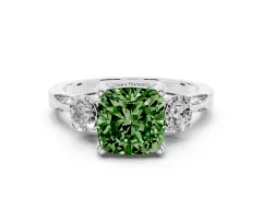 Fancy Green Cushion Cut Diamond Three-Stone Ring Set in Platinum with Pavé Band and Smaller Side Stones