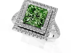 Fancy Green Princess Cut Diamond Double Halo Ring Set in White gold with Pavé Band