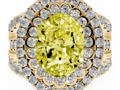 Fancy Yellow Oval Cut Diamond Double Halo Ring Set in Yellow gold with Round Pavé Split Shank
