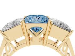 Fancy Blue Princess Cut Diamond Three-Stone Ring Set in Yellow gold with Textured Band