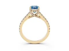 Fancy Blue Radiant Cut Diamond Solitaire Ring Set in Yellow gold with Brilliant Pavé Band and Prong Setting