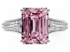 Fancy Pink Emerald Cut Diamond Split Shank Pavé Engagement Ring Set in Platinum with Prong-Set Center Stone