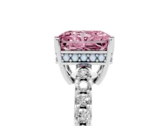 Fancy Pink Radiant Cut Diamond Solitaire Engagement Ring Set in Platinum with Pavé Band and Prong Setting