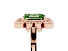 Fancy Green Emerald Cut Diamond Cluster Halo Ring Set in Rose gold with Milgrain Bezel Accents and Plain Band