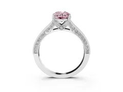 Fancy Pink Oval Cut Diamond Solitaire Ring Set in White gold with Milgrain-Edged Pavé Band and Prong Setting