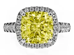 Fancy Yellow Cushion Cut Diamond Halo Engagement Ring Set in Platinum with Pavé Band and Prong-Set Center