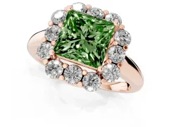 Fancy Green Princess Cut Diamond Milgrain Halo Solitaire Ring Set in Rose gold with Bezel Set Side Stones and Pavé Band