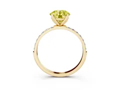 Fancy Yellow Round Cut Diamond Solitaire Engagement Ring Set in Yellow gold with Round Pavé Band and Prong Setting