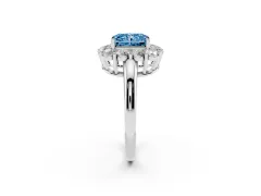 Fancy Blue Radiant Cut Diamond Halo Cluster Engagement Ring Set in Platinum with Polished Band and Prong Setting