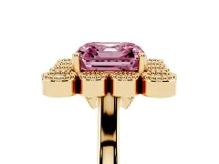 Fancy Pink Asscher Cut Diamond Cluster Halo Ring Set in Yellow gold with Milgrain Bezel Accents and Plain Band