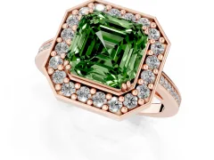 Fancy Green Asscher Cut Diamond Halo Ring Set in Rose gold with Accent-Lined Split Shank and Prong Setting