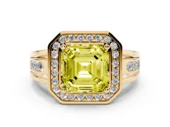 Fancy Yellow Asscher Cut Diamond Halo Ring Set in Yellow gold with Pavé and Bezel Accent Split Shank