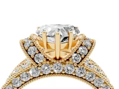 Heart Cut Diamond Milgrain Halo Pavé Engagement Ring Set in Yellow gold with Prong Setting