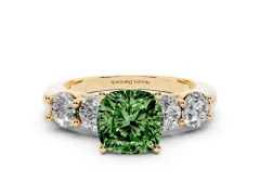 Fancy Green Cushion Cut Diamond Five-Stone Prong Set Ring Set in Yellow gold with Classic Band