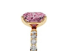 Fancy Pink Radiant Cut Diamond Solitaire Engagement Ring Set in Yellow gold with Round Pavé Band and Prong Setting