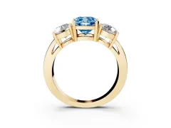 Fancy Blue Cushion Cut Diamond Three-Stone Ring Set in Yellow gold with Round Side Stones and Classic Band