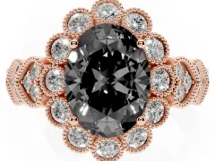 Fancy Black Oval Cut Diamond Solitaire Ring Set in Rose gold with Milgrain Pavé Heart Band