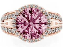 Fancy Pink Round Cut Diamond Halo Ring Set in Rose gold with Double Pavé Split Shank