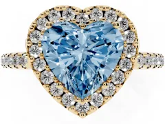 Fancy Blue Heart Cut Diamond Pavé Halo Ring Set in Yellow gold with Prong Setting