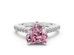 Fancy Pink Heart Cut Diamond Solitaire Ring Set in Platinum with Brilliant Pavé Band and Prong Setting