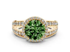 Fancy Green Round Cut Diamond Halo Ring Set in Yellow gold with Double Pavé Split Shank