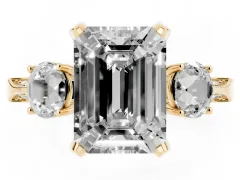 Fancy Yellow Emerald Cut Diamond Three-Stone Ring Set in Yellow gold with Pavé Band and Smaller Side Stones