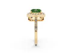 Fancy Green Radiant Cut Diamond Halo Ring Set in Yellow gold with Accent-Lined Split Shank and Prong Setting