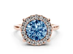 Fancy Blue Round Cut Diamond Cluster Halo Solitaire Ring Set in Rose gold with Prong Setting