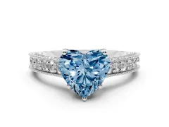 Fancy Blue Heart Cut Diamond Solitaire Ring Set in Silver with Milgrain-Edged Pavé Band and Prong Setting