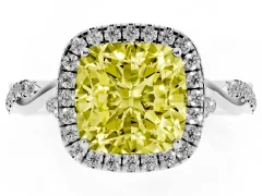 Fancy Yellow Cushion Cut Diamond Halo Twist Band Solitaire Ring Set in Silver with Prong Setting