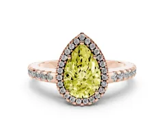 Fancy Yellow Pear Cut Diamond Halo Ring Set in Rose gold with Pavé Shoulders and Halo-Framed Center