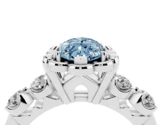 Fancy Blue Marquise Cut Diamond Floral Halo Ring Set in White gold with Shared Prong Band