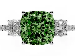Fancy Green Cushion Cut Diamond Three-Stone Ring Set in Platinum with Pavé Band and Graduated Sides