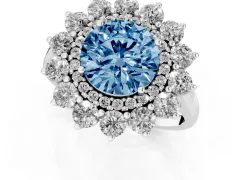 Fancy Blue Round Cut Diamond Floral Double Halo Ring Set in White gold with Round Petals