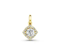 Round Halo Diamond Pendant Set in Yellow gold with Classic Four-Prong Center