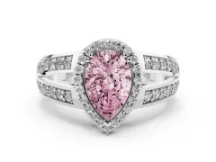 Fancy Pink Pear Cut Diamond Halo Ring Set in Silver with Double Pavé Split Shank