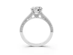 Heart Cut Diamond Solitaire Ring Set in Platinum with Milgrain-Edged Pavé Band and Prong Setting