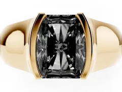 Fancy Black Radiant Cut Diamond Bezel Solitaire Ring Set in Yellow gold with Wide Band