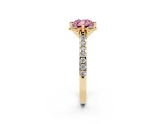 Fancy Pink Cushion Cut Diamond Solitaire Ring Set in Yellow gold with Pavé Band and Floral Prong Setting