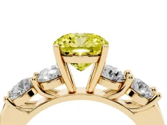 Fancy Yellow Cushion Cut Diamond Five-Stone Prong Set Ring Set in Yellow gold with Classic Band