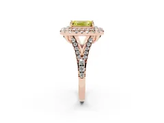 Fancy Yellow Emerald Cut Diamond Double Halo Ring Set in Rose gold with Pavé Split Shank and Prong Setting